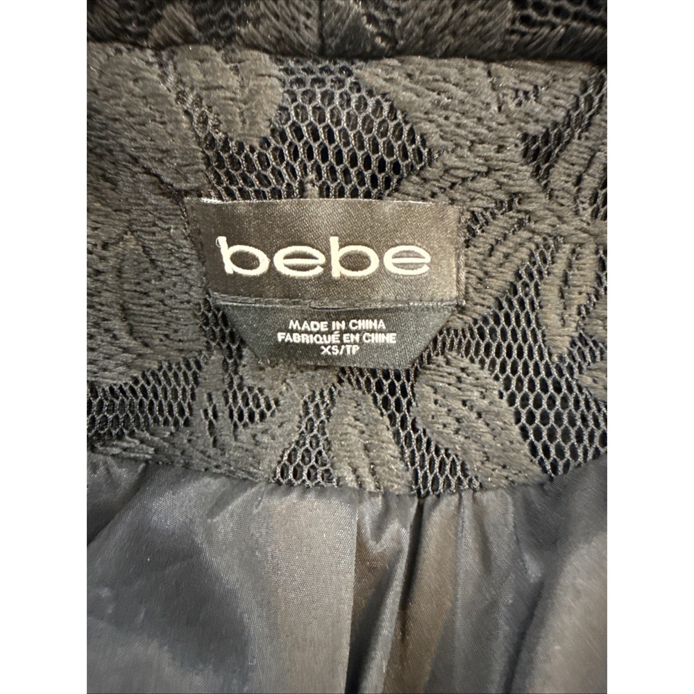Bebe Black Barquard Fit and Flare Coat Faux Leather Trim Lace XS Asymmetric Zip - Picture 8 of 9